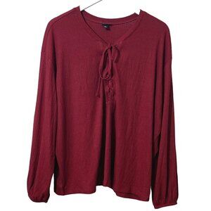 TORRID Womens Plus Size Top 1X Textured Jersey Lace-Up Long Sleeve Tee Burgundy